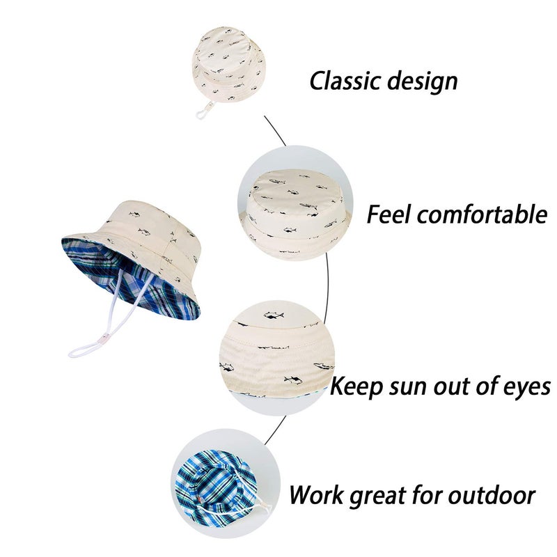 LANGZHEN Sun Protection Hat for Kids Toddler Boys Girls Wide Brim Summer Outdoor hat Cotton Baby Bucket Hat with Chin Strap (Beige - Fish, M: 1T-2T (50cm /19.7")) - Image 4